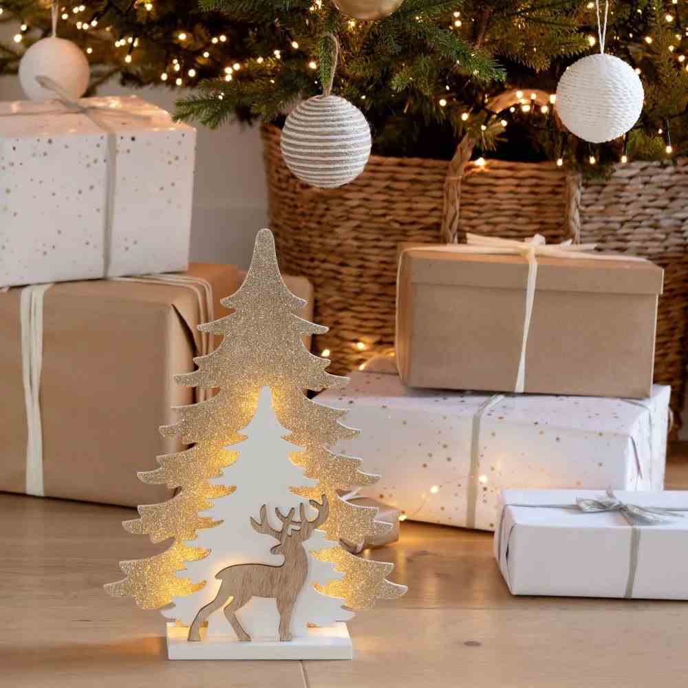 Light-up Christmas Decoration White Tree with Sequins and Beige Deer 