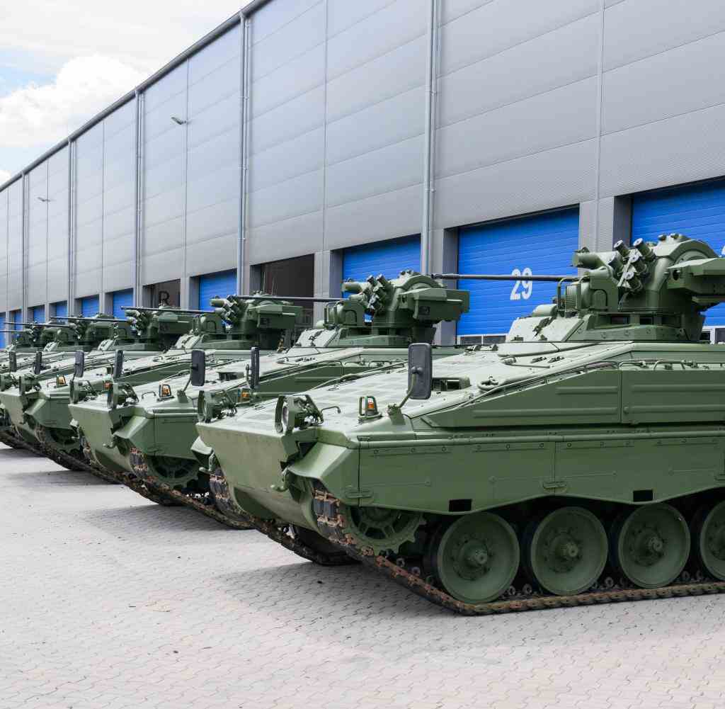 Marder infantry fighting vehicle in front of the Rheinmetall plant in Unterlüß.  New facilities for medium-caliber production are to be built at the site