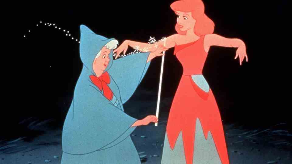 Scene from the Cinderella Disney film where the fairy turns Cinderella into a princess