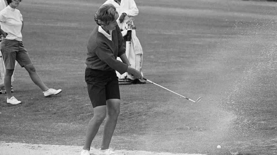 Kathy Whitworth in action on the 18th hole at the 1966 Women Titleholders Golf Tournament in Augusta, Georgia