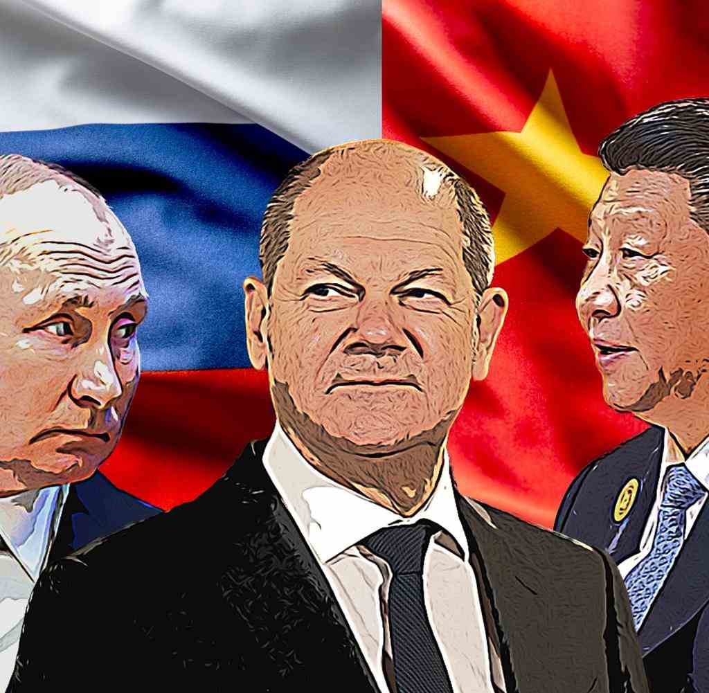 Olaf Scholz mit Wladimir Putin (l.) und Xi Jinping (r.)
