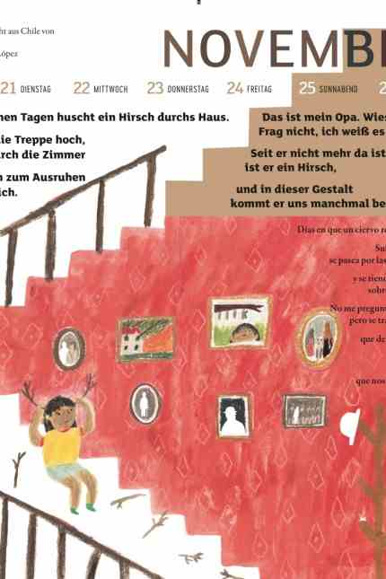 München-Kalender: Das kleine Mädchen in María José Ferradas Gedicht weiß es genau: Auch wenn ihr Opa nicht mehr da ist, kommt er doch gelegentlich als Hirsch ins Haus.