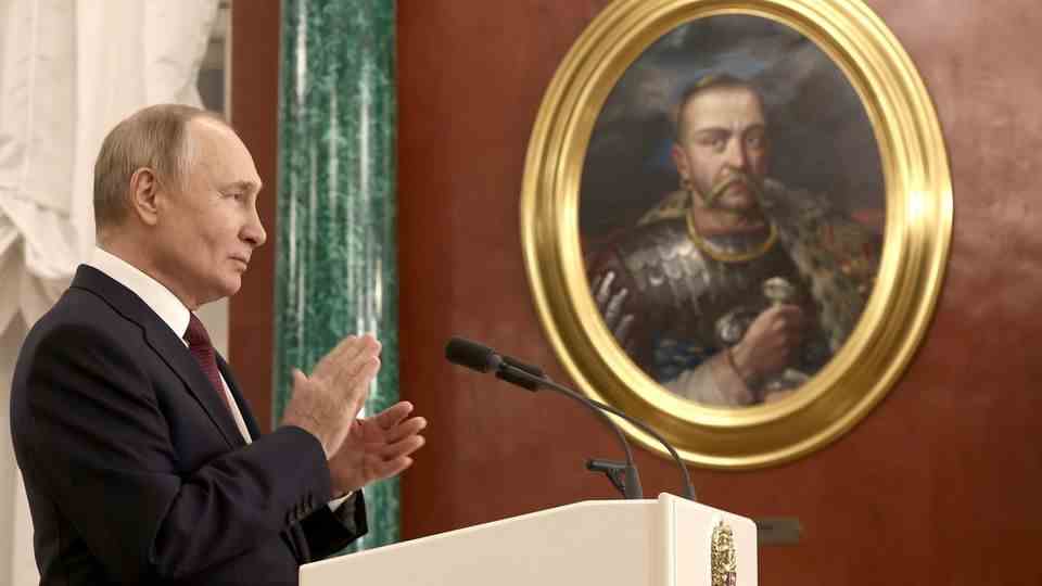 Vladimir Putin at a press conference in the Kremlin