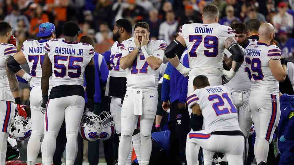 Bills superstar Josh Allen struggles to regain his composure after Damar Hamlin's accident on the field.