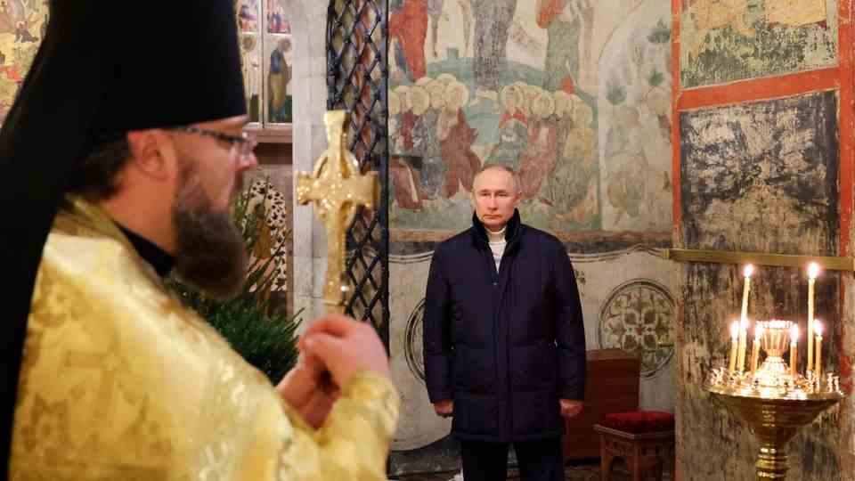 Vladimir Putin attending the Christmas service in the Annunciation Cathedral in the Moscow Kremlin