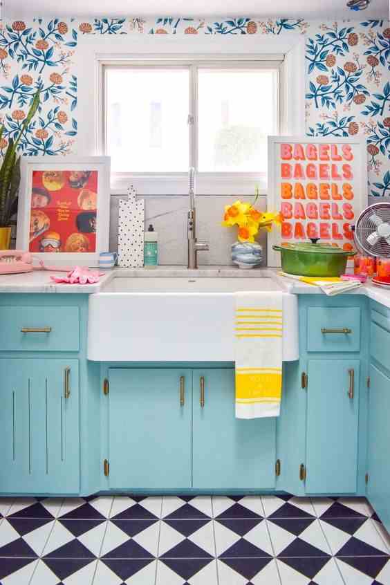 The Checkerboard Tile To Enhance The Pastel Kitchen 