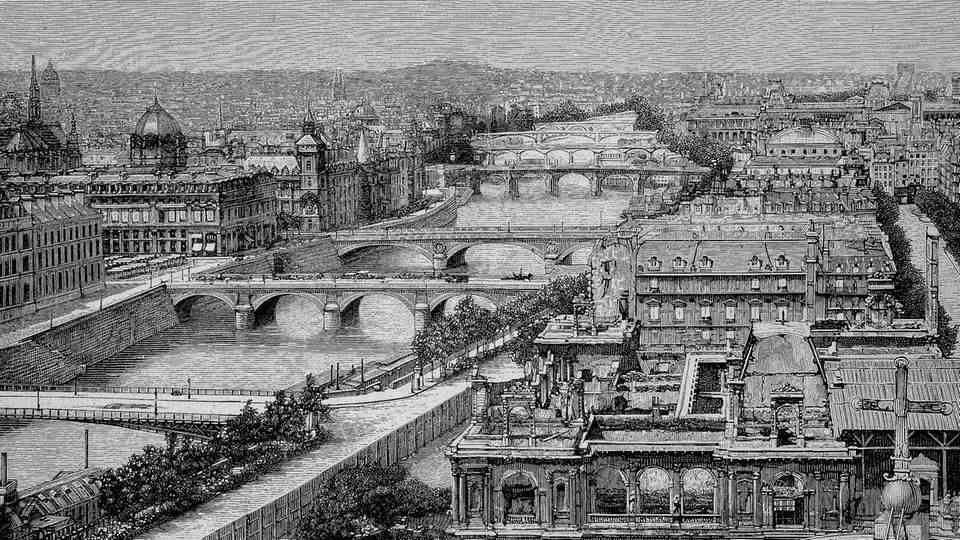 Woodcut from 1892 showing the Seine in Paris