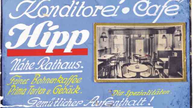Economy in Bavaria: handmade advertising poster for confectionery, café and J.Hipp's Kinder-Zwieback-Flour, around 1931.