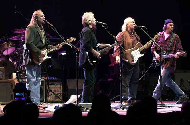 From left, Stephen Stills, Graham Nash, David Crosby and Neil Young, in concert for the first time since 1974, at the Palace in Auburn Hill, Michigan on January 24, 2000.