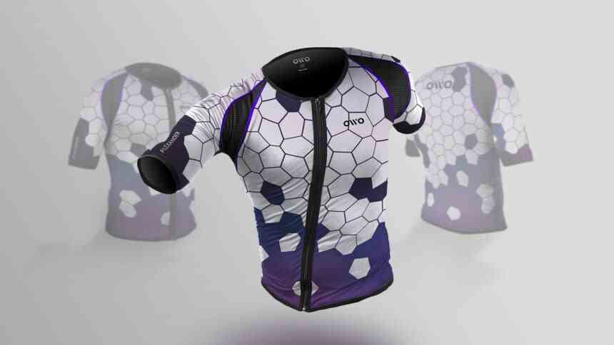 The Founder Edition of the Owo haptic vest with customizable honeycomb patterns.