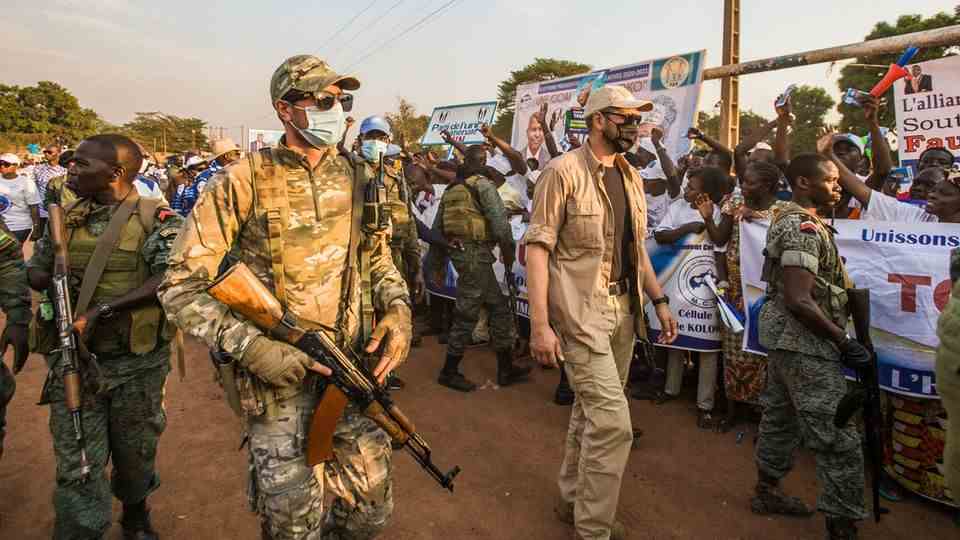 Russian Wagner mercenaries at a 2020 election rally in Bangui, the capital of the Central African Republic
