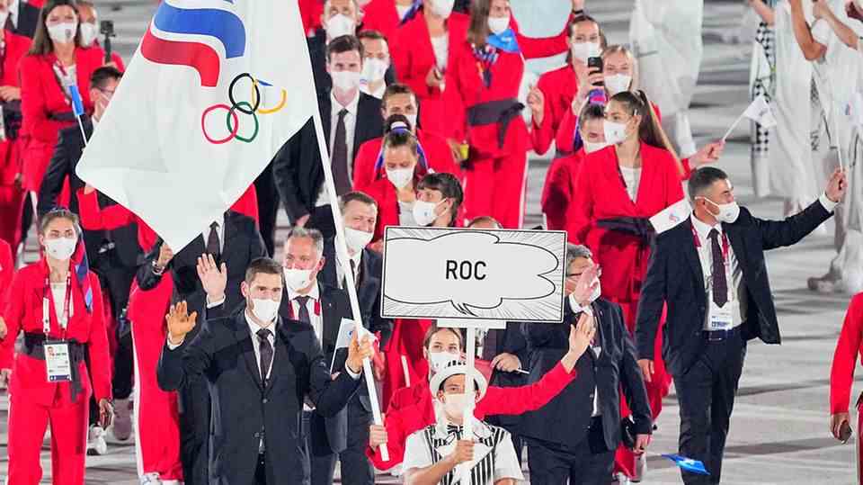 The Russian Olympic Committee (ROC) team at the opening ceremony of the Beijing Winter Games