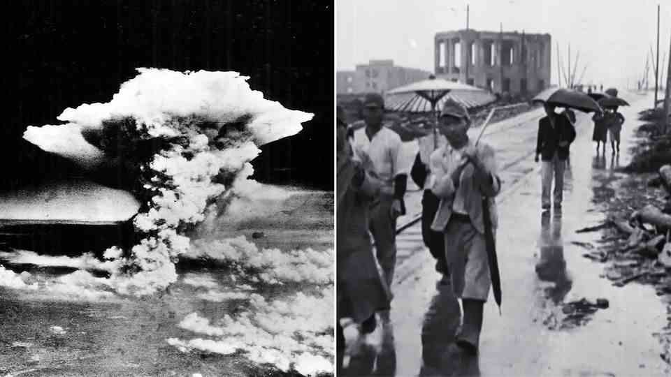Two photos from the Second World War: the one on the left shows a mushroom cloud, the one on the right people in front of a ruin