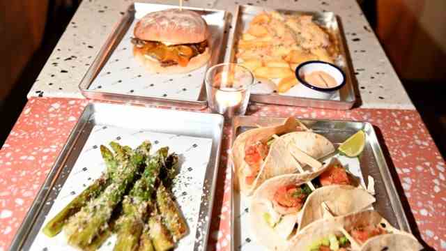 Bar 55 Eleven: Dining options include shrimp tacos, grilled asparagus, fries, and burgers.