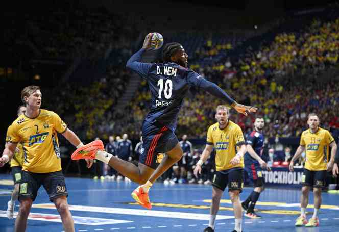 French rear Dika Mem takes off against Sweden, in the semi-finals of Euro 2023, in Stockholm, January 27, 2023.