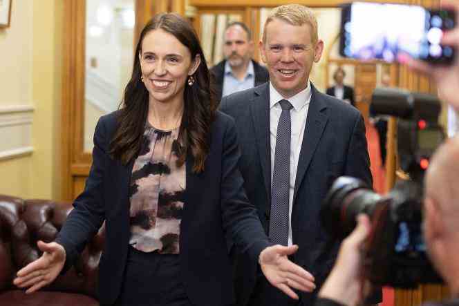 Resigning New Zealand Prime Minister Jacinda Ardern and her successor Chris Hipkins in Parliament, Wellington, January 22, 2023.