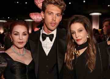 Priscilla Presley, Austin Butler and Lisa Marie Presley (left to right) at the Golden Globe Awards on January 10, 2023.