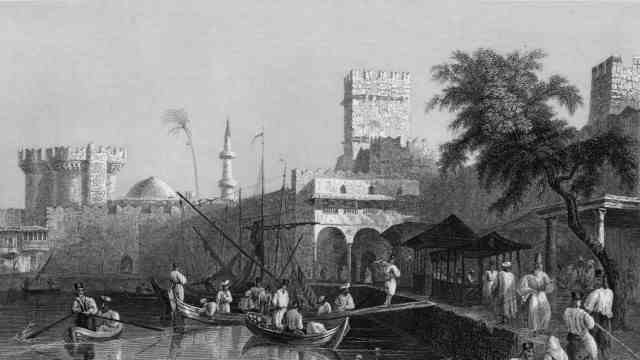 Historie: Die muslimische Stadt: Von 1523 bis 1908 blieb Rhodos osmanisch (Darstellung von 1841). Die Festungsmauern stammen aus der Zeit des Johanniter-Ordens.