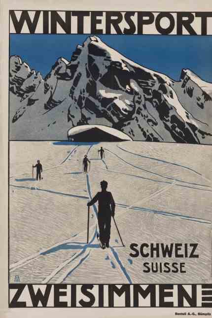 Design exhibition: An unknown poster painter, who drew with the signature AB, RHE, advertised winter sports in Zweisimmen, around 1920.