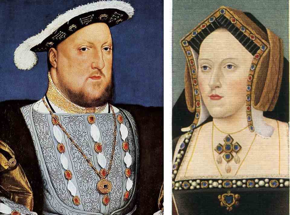 Henry VIII and Catherine of Aragon in contemporary drawings.  The two nobles married in 1509. Several of the couple's children were stillborn or died shortly after birth before their daughter Mary, later Queen Mary I, was born in 1516.  Since the two had no male offspring, Heinrich, who was already having an affair with Anne Boleyn, wanted to have the marriage dissolved.  Pope Clement VII refused.  Only in 1533 did the English clergy give in.  The marriage was declared invalid.  Catherine of Aragon had to leave the court and died of cancer three years later.
