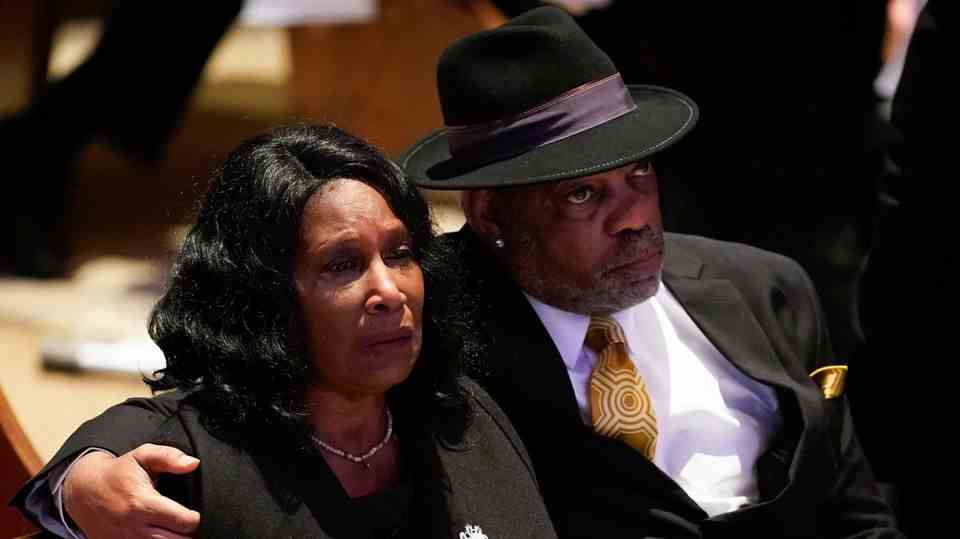 Tire Nichols' mother RowVaughn Wells with her husband Rodney Wells at the funeral service in Memphis