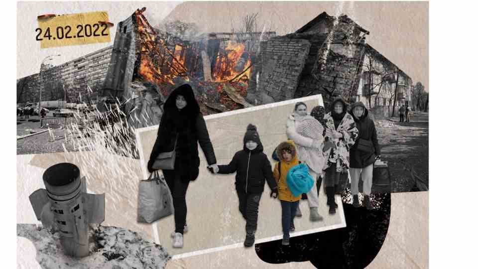 Collage aus Kriegsbildern und fliehenden Familien am Tag der Invasion der Ukraine