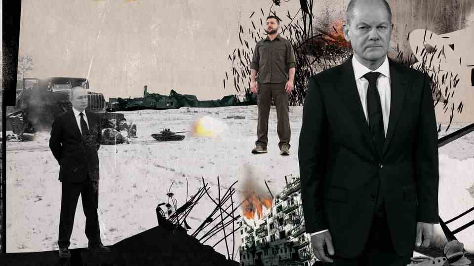 Collage aus Kriegsbildern, Wladimir Putin, Olaf Scholz und Wolodymyr Selenskyj