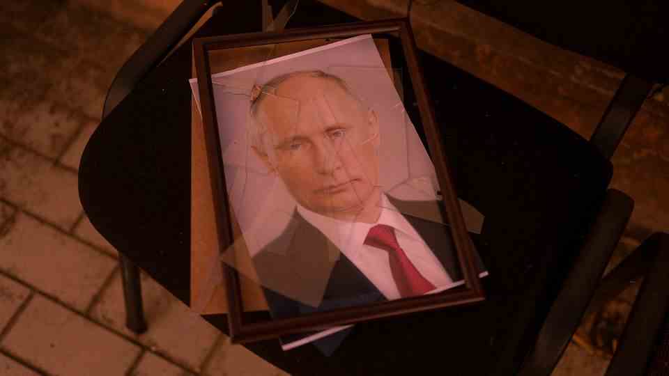 A portrait of Russian President Vladimir Putin in Kherson, Ukraine