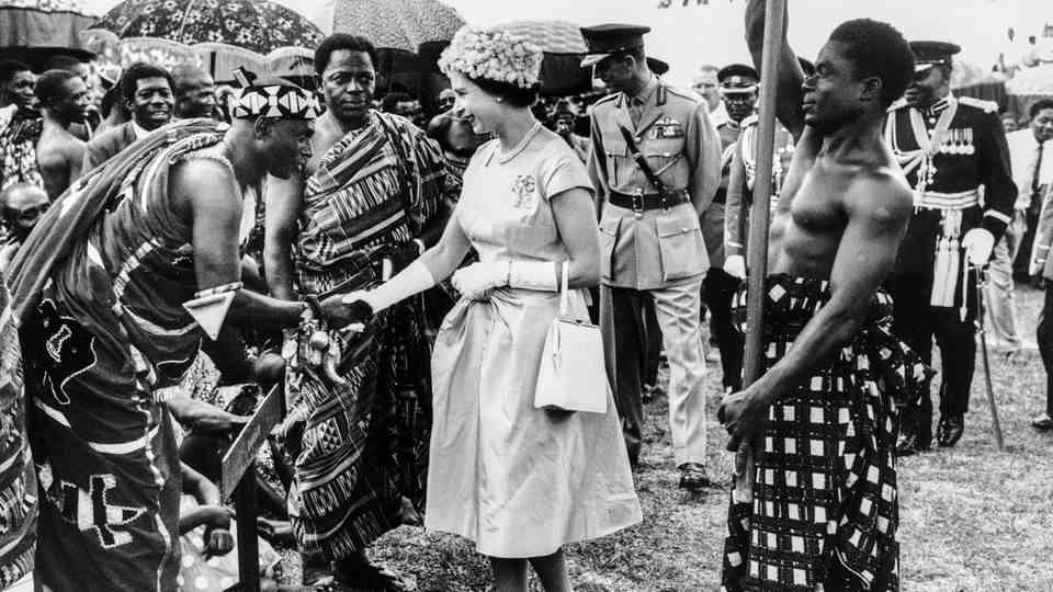 Queen Elizabeth II meets Ashanti ethnic leaders during her visit to Ghana, photographed 16 November 1961.