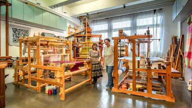 Open studio weekend: Sylvia Wiechmann (left) uses large looms to produce scarves, paraments and textile images from jacquard and damask fabrics.