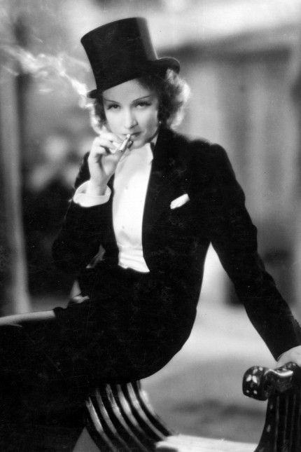 Exhibition in Augsburg: An iconic moment in film history: Marlene Dietrich in a tuxedo and top hat in the film 'Morocco', 1930. She was a pioneer in Hollywood.  She also liked to wear men's clothes in real life.
