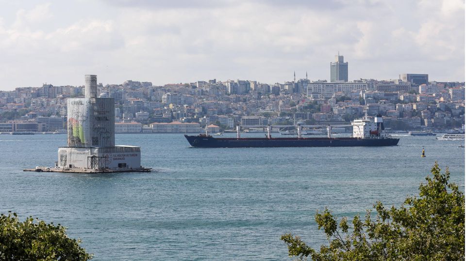 A freighter passes the Bosphorus Strait in Istanbul, Türkiye
