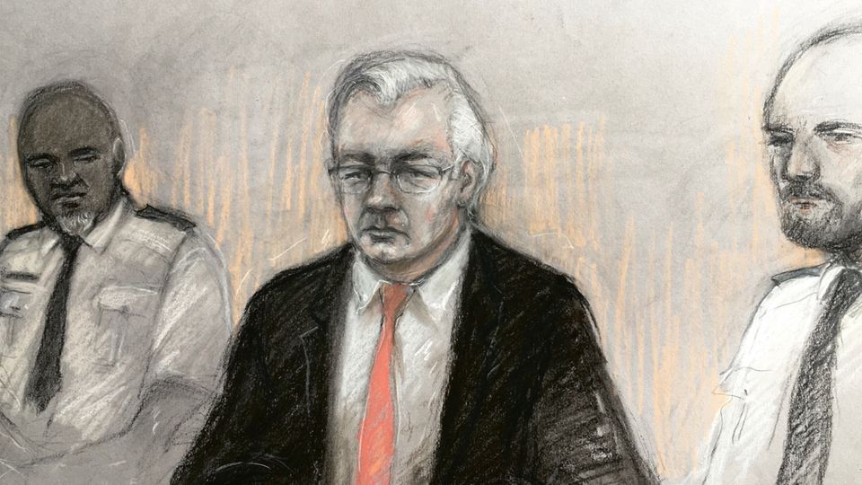 Sketch by a court artist showing Julian Assange during his hearing in London