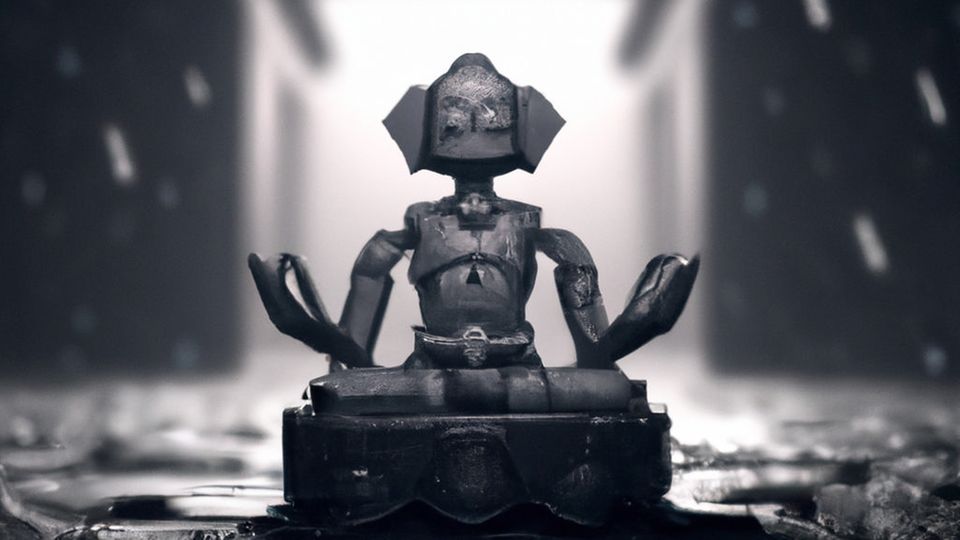 Robot sits in lotus position and meditates