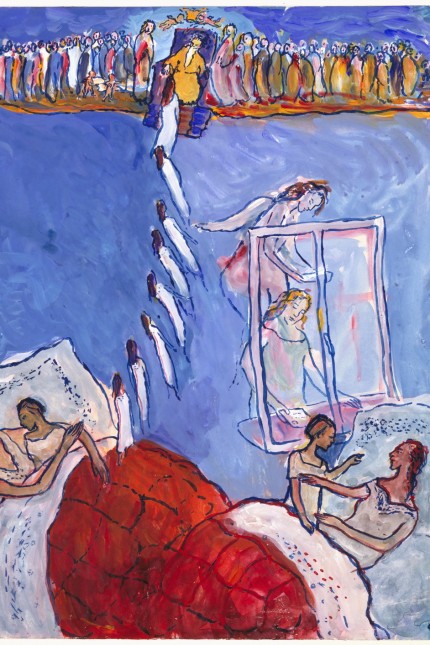 Exhibition in the Lenbachhaus Munich: "It's much nicer in heaven than it is on this earth" the mother tells the child before throwing herself out of the window.  gouache off "Life?  or theatre?" by Charlotte Solomon.