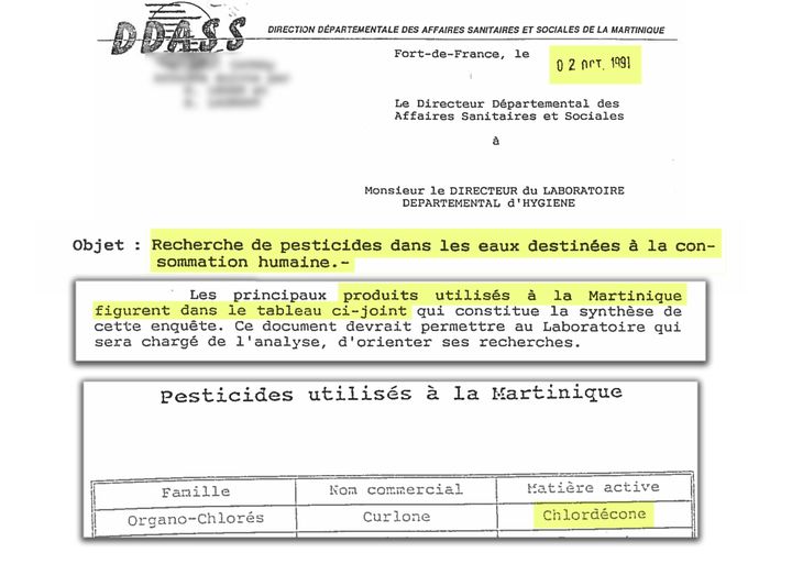 Courrier de la DDASS de Martinique listant la chlordécone comme polluant de l’eau du robinet, 1991. (DDASS Martinique)