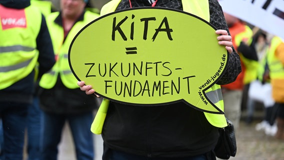 A person holds a sign that reads during a warning strike "Kita = future foundation" high.  © Picture alliance/dpa Photo: Lars Klemmer