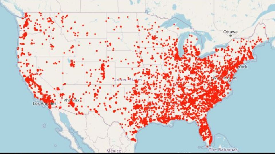 A map of the United States shows gun violence with red dots