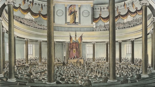 Paulskirche: Historical representation of the same hall in 1848, when the Paulskirche was the seat of the German National Assembly.