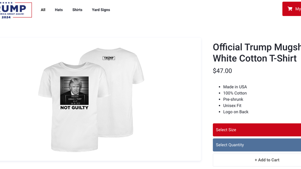 Trump bids on his campaign page "official" mugshot shirt available for purchase