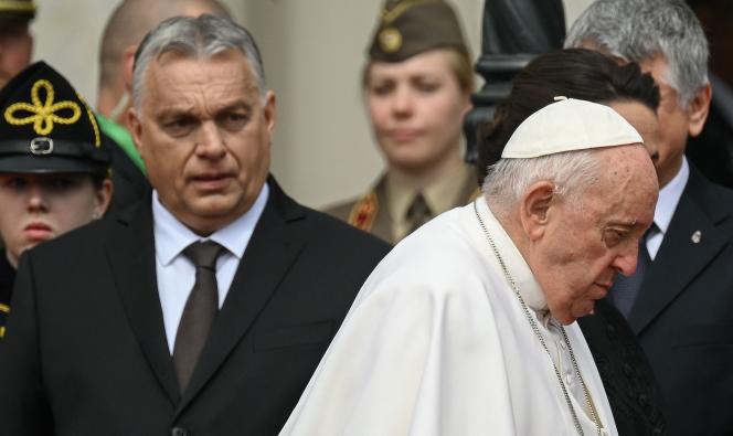 Hungarian Prime Minister Viktor Orban and Pope Francis at Sandor Palace in Budapest on April 28, 2023.