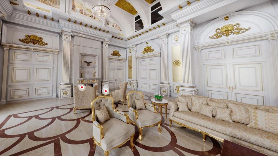 The so-called reading room in Vladimir Putin's palace is decorated entirely in white and gold 