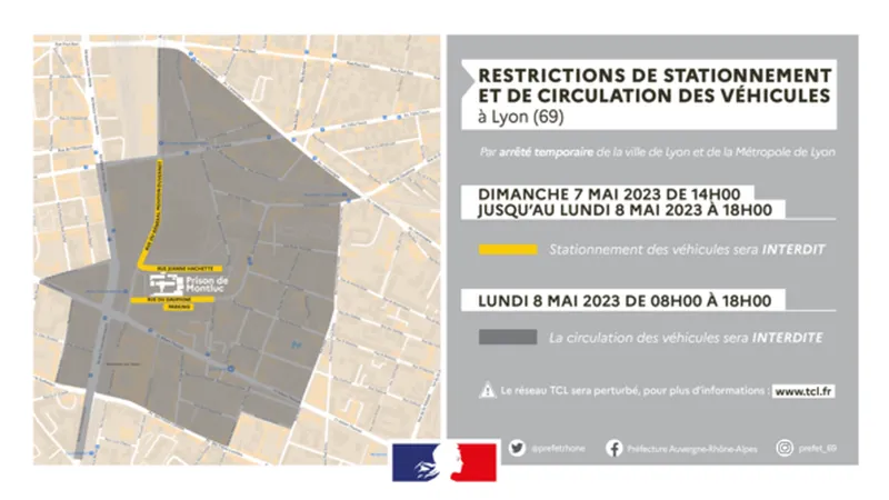 Vehicle parking and traffic restrictions on May 8, 2023 in Lyon.