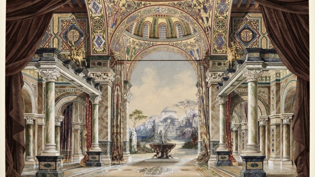 Ausstellungen: Ein Bühnenentwurf zu "Theodora", einem Schauspiel von Victorien Sardou zur Musik von Jules Massenet: Große Halle im Palast des Justinian von Angelo II. Quaglio.