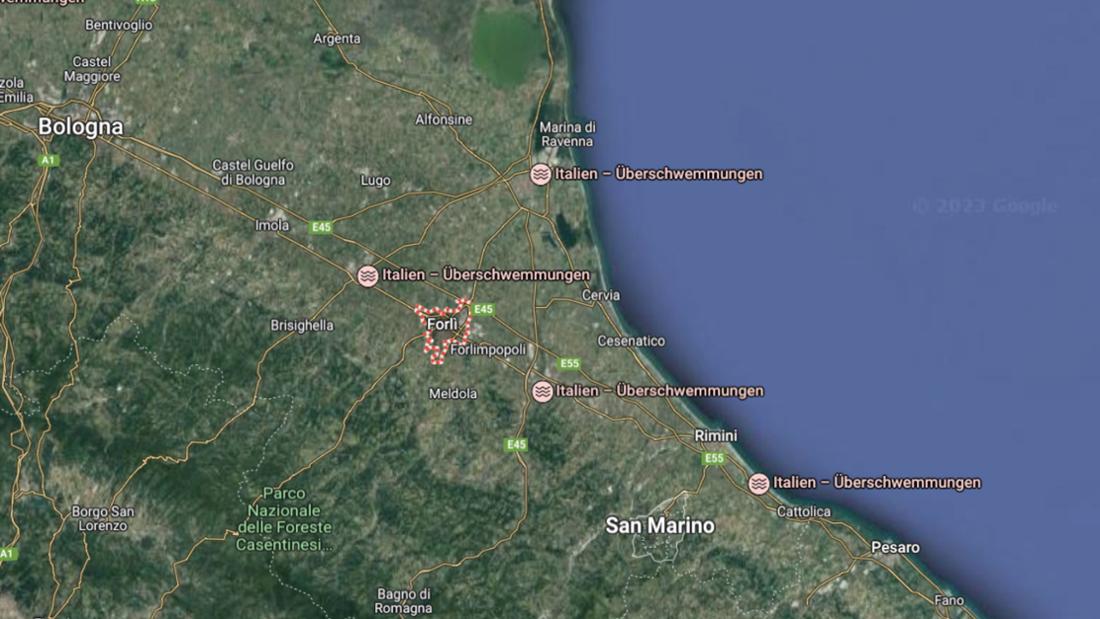 Storms and floods in Italy: Red alert prevails on the Adriatic.  The locations are marked on Google Maps. 