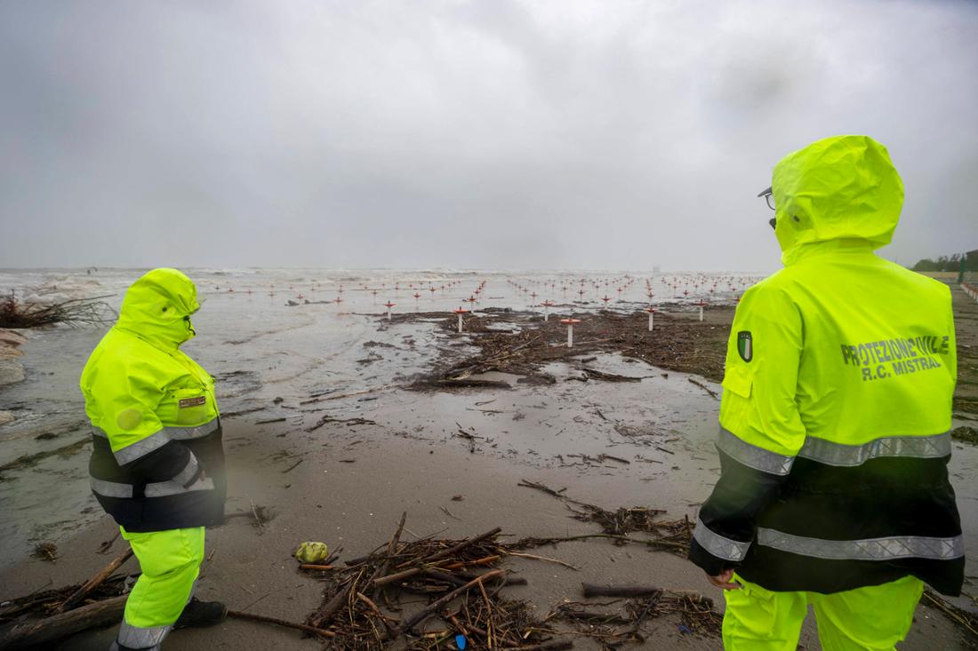 Severe weather warning level red in Italy: Civil protection volunteers monitor the beaches of Ravenna on the Adriatic Sea. 