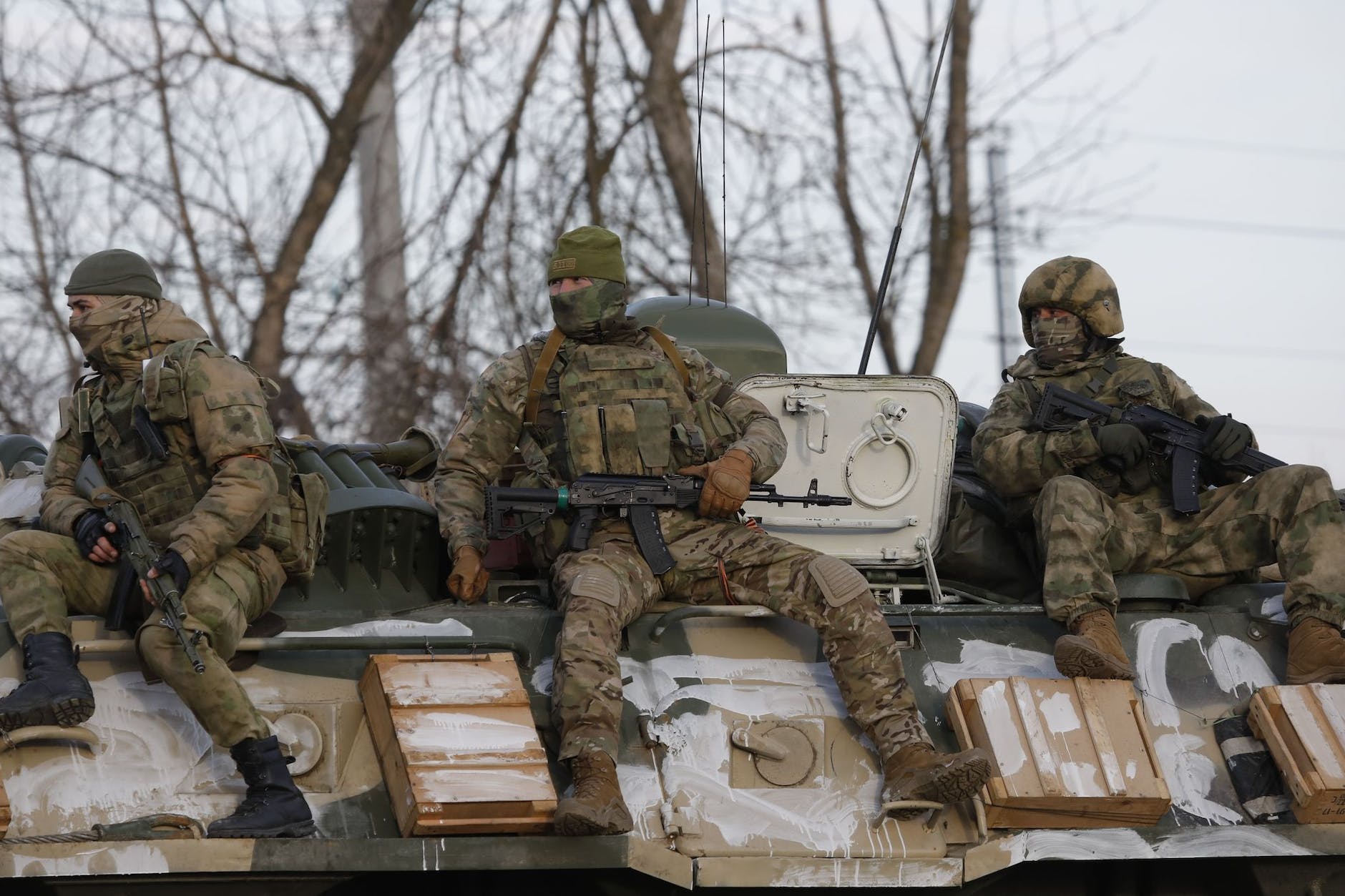 Russian soldiers secure the border with Ukraine near Belgorod.
