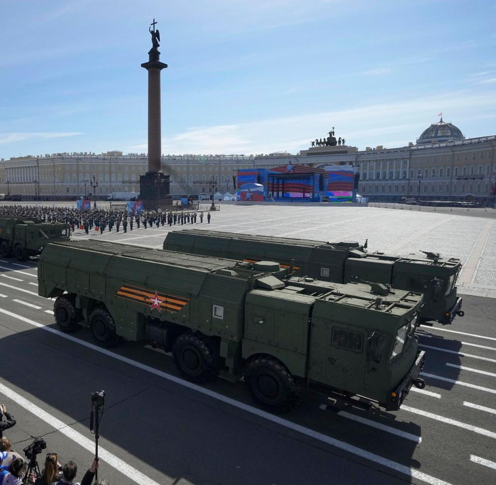 Russia happily demonstrates its Iskander missile system, which can also be armed with nuclear warheads - here at a military parade marking the 78th anniversary of Victory in World War II