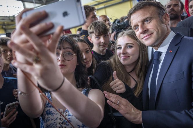 Emmanuel Macron meets the students of the Bernard Palissy vocational school in Saintes, Charente-Maritime, on May 4, 2023.
