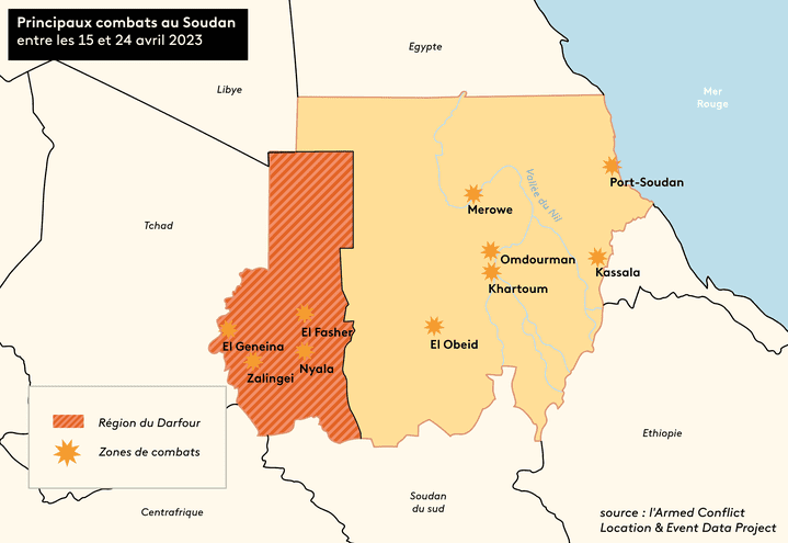 Carte montrant les principaux combats au Soudan entre les 15 et 24 avril 2023. (ASTRID AMADIEU / FRANCEINFO)